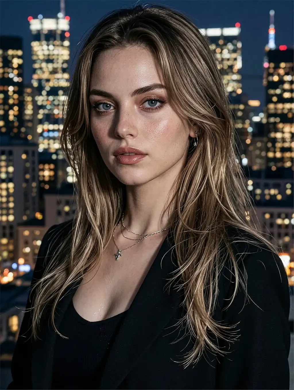 Marisol — fictional AI character in a black top above a night city skyline
