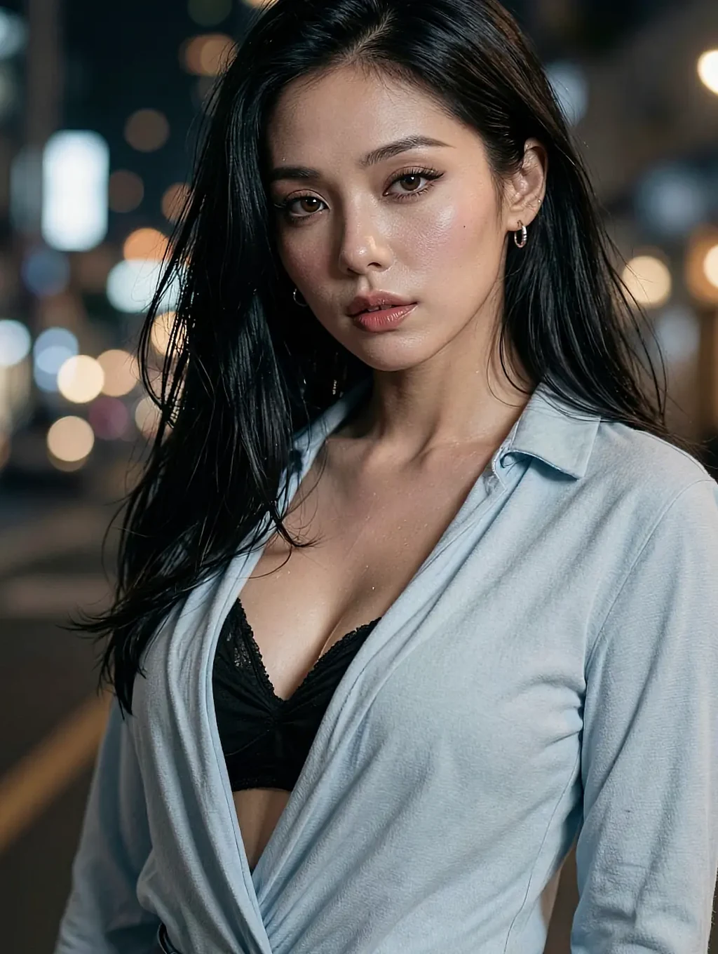 Anfisa — fictional AI character in an open white shirt on a night street