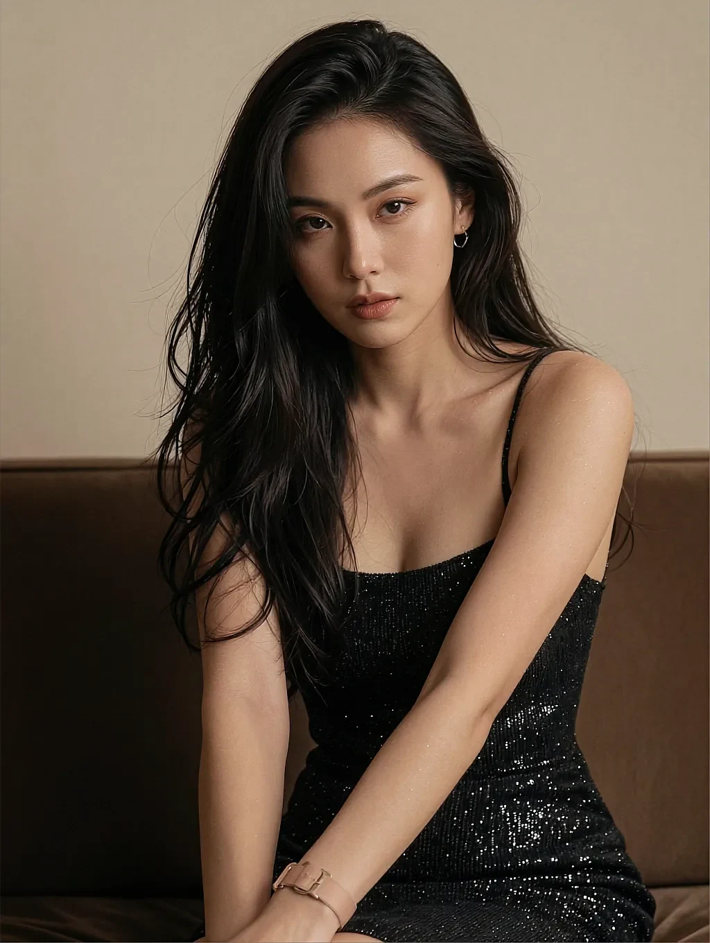 Fictional AI character in a sequined black dress, seated in soft warm lamplight
